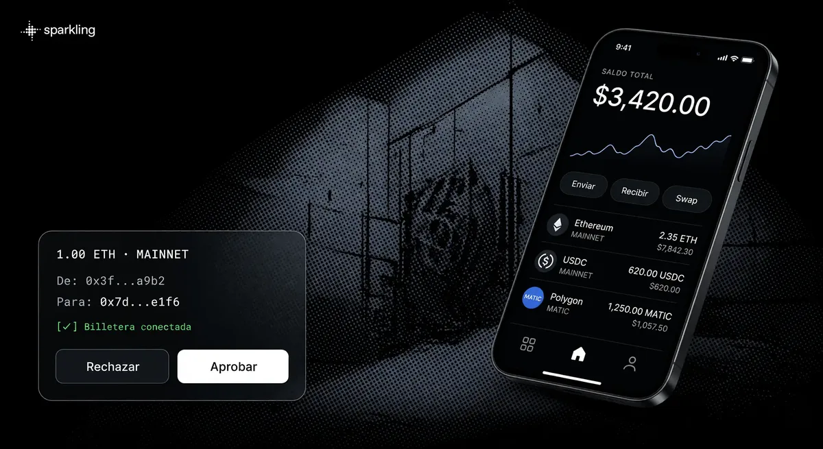 Crypto wallet interface mockup with portfolio balance and transaction approval card over a desaturated grey-blue halftone architectural background.