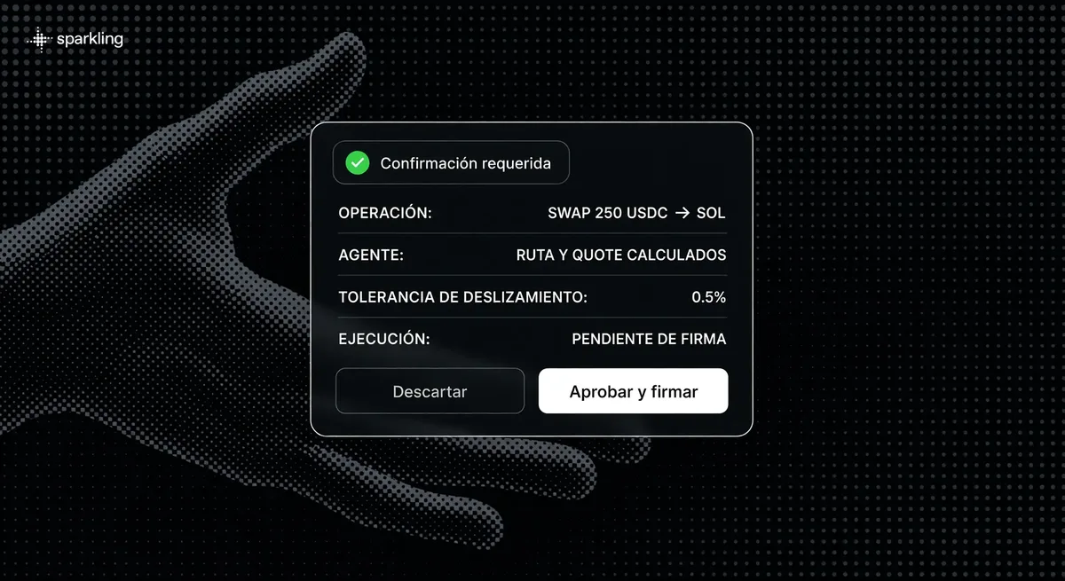 Detailed crypto transaction confirmation interface card in Spanish over a muted grey-blue halftone pattern of a human hand.