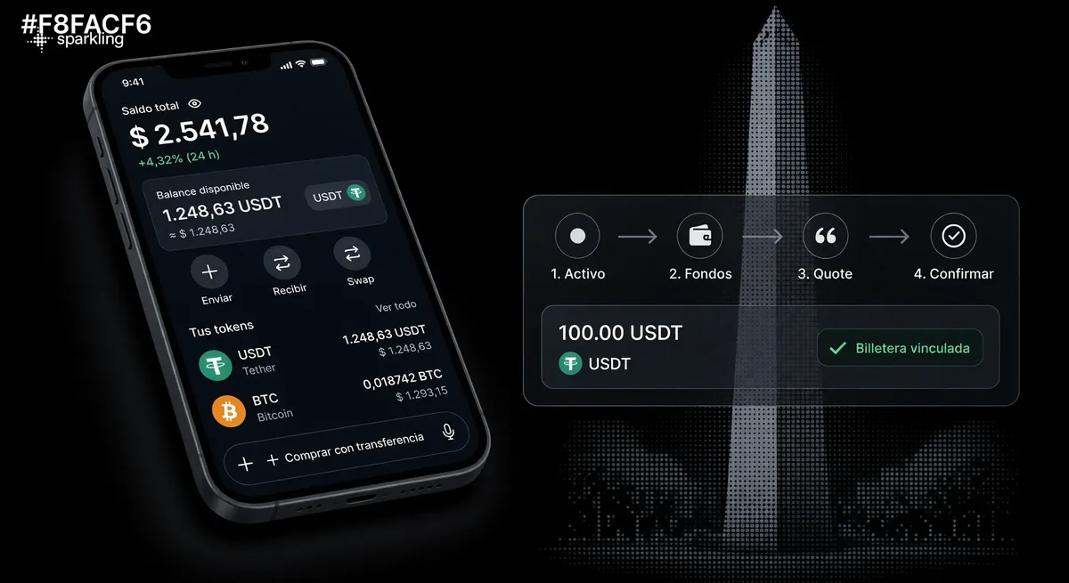 Smartphone interface displaying cryptocurrency purchase steps and token options over an Argentine obelisk halftone background.
