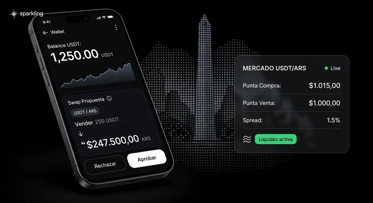 Hero banner illustrating the Argentine crypto dollar market with USDT to ARS quotes and an interactive confirmation interface over a grey-blue halftone Obelisk backdrop.