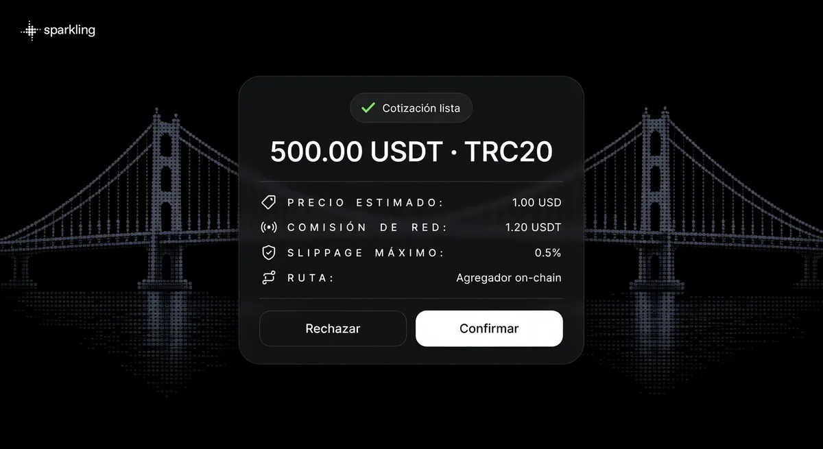 Detailed cryptocurrency transaction quote card showing network fees, slippage tolerance, and approval buttons over a halftone bridge background.
